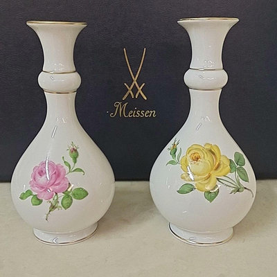 【二手】德國meissen梅森經典手繪粉黃玫瑰花瓶: 古董 老貨 收藏 【古物流香】-789