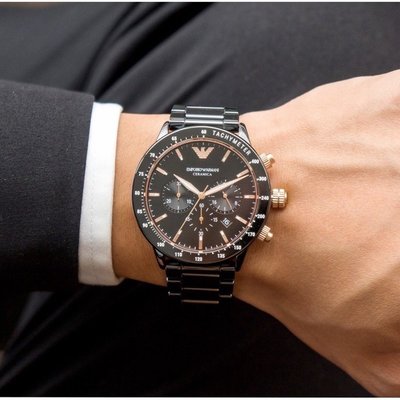 🔥現貨正品最低價🔥EMPORIO ARMANI 阿曼尼 AR70002 經典三眼石英陶瓷腕錶/黑 43mm