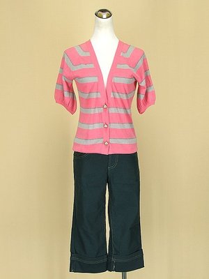 貞新 ZONA ZORA 專櫃 粉紅V領短袖棉質上衣M(36號)+LACE 靛綠棉質七分褲M(36號(36412)