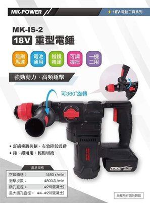 含稅價【工具先生】MK-POWER 重型錘/電鑽/鎚鑽/ㄚ頭仔/混擬土/通用牧田電池 MK-IS-2