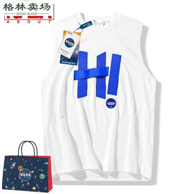 NASA聯名美式運動坎肩男潮流織帶字母背心健身籃球無袖T恤白汗衫-格林賣場