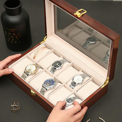 錶盒 展示盒 手錶盒12位鋼琴烤漆木紋手錶收納盒噴漆咖啡色樹紋12只裝手錶盒