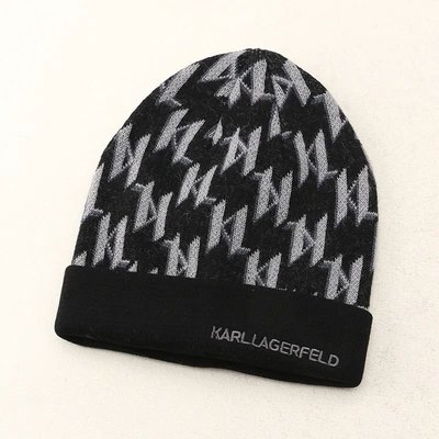 ＝86號店=預購法國KARL LAGERFELD 舒適100%羊毛雙層針織 滿滿字母緹花 修飾臉型頭型 女羊毛帽 如圖色