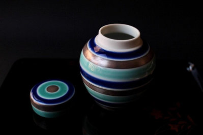 日本平安清昌平安春峰藍釉銀彩炫紋陶瓷茶葉罐 茶道器