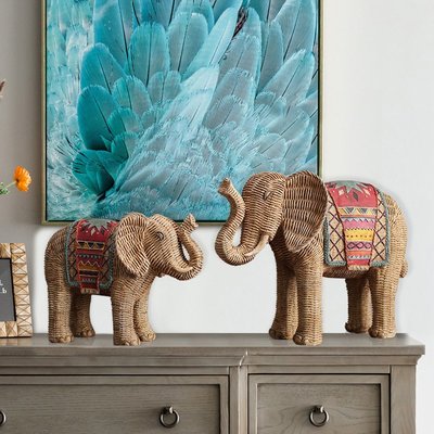 擺件編織紋手繪大象擺件客廳電視柜酒柜玄關擺飾樹脂工藝品擺件創意