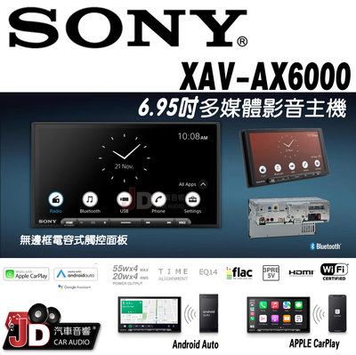 【JD汽車音響】SONY XAV-AX6000 6.95吋多媒體影音主機 無邊框電容式觸控面板 55Wx4功率放大器。