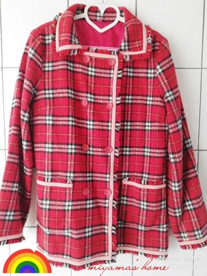 Veeko紅白格紋羊毛雙排釦大衣38號(FCL0137)