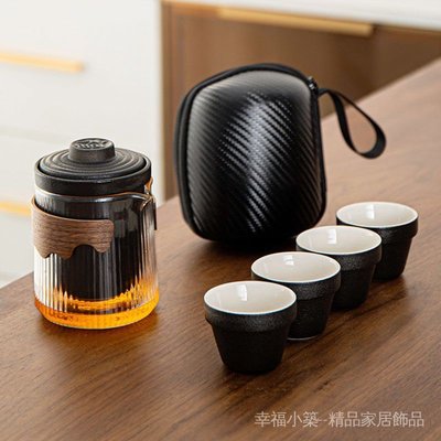 一壺四杯 旅行茶具套裝 便攜式包 粗陶快客杯  玻璃茶壺 戶外隨身泡茶杯茶壺 茶具組