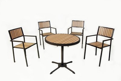 [兄弟牌戶外休閒傢俱] 塑木圓桌1張+鋁合金塑木椅4張/組合~餐飲營業或自用陽台公園，堅固耐久用好維持。庭院休閒傢俱.