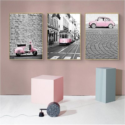 北歐風格現代簡約粉色小車裝飾畫芯高清微噴打印畫心