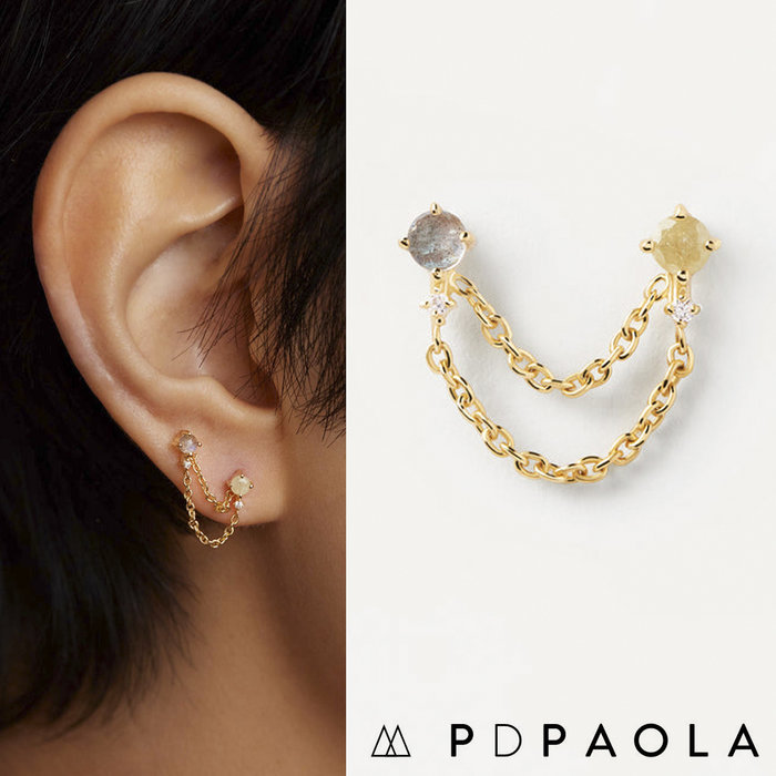 PD PAOLA 西班牙時尚潮牌 拉長石簡約雙鍊耳環 灰色X冰綠 ZENA GOLD