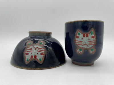日本中古vintage回流～日本波佐見燒手工手繪小貓咪茶杯➕