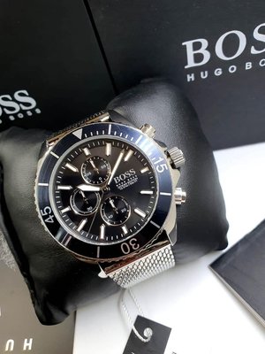 HUGO BOSS Ocean Edition 黑色錶盤 銀色不鏽鋼編織錶帶 石英 三眼計時 男士手錶 1513701