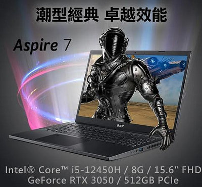 台中駿碩 Acer Aspire A715-76G-506G黑(i5-12450H/8G/512G SSD/RTX 3050 4G/W11/15.6")