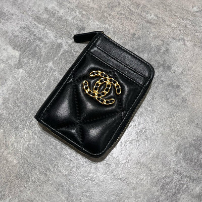 Chanel 19 拉鍊雙層零錢包 卡包 菱格紋 小羊皮 金釦 黑色《精品女王全新&amp;二手》