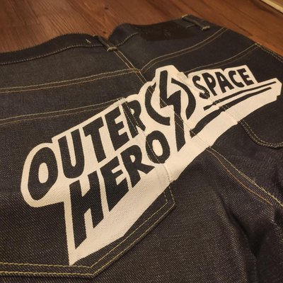 全新outer space 牛仔短褲 logo 原色 深藍jeans short