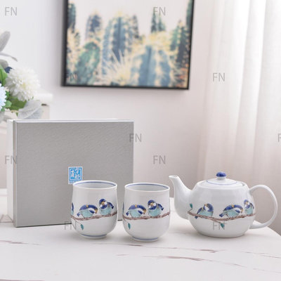 日本進口九谷燒花 藍鳥手繪茶具套裝 日式和風茶道具茶壺簡約一壺兩杯