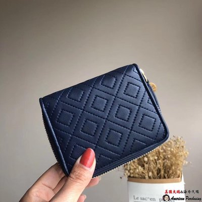 潮牌 TORY BURCH 美國輕奢時尚 藍色羊皮菱格拉鍊短錢包  短夾 零錢包  海外代購-雙喜生活館