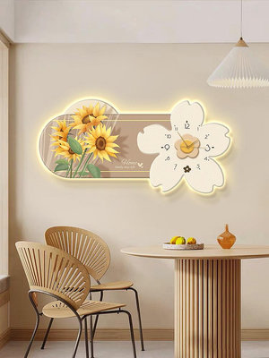 餐廳鐘表裝飾畫奶油風飯廳掛畫led燈畫花朵現代簡約客廳掛表時鐘淺語微微笑