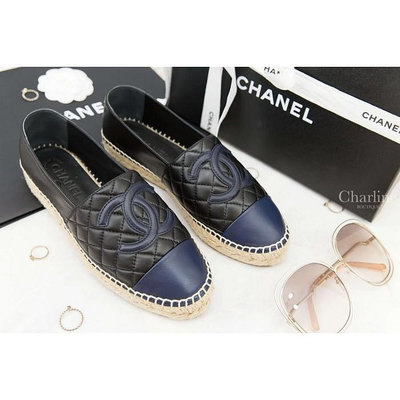 二手 Chanel Espadrilles 黑色/深藍菱格紋CC小羊皮鉛筆鞋 尺寸齊全 正品