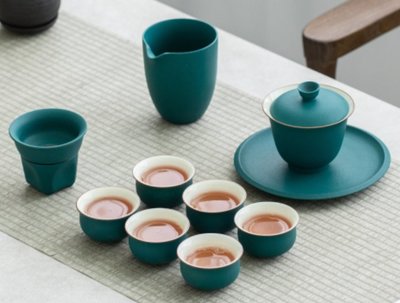 11475A 日式 綠釉陶瓷茶具組 蓋碗茶碗茶杯茶漏分茶杯組 和風典雅蓋碗六茶杯組陶瓷茶具套裝禮品