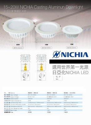 20W 孔18cm /15W 孔15cm / 15W 孔12.5cm 日本NICHIA崁燈#台灣LED增艷4000K專賣