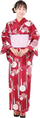 Nishiki【日本代購】和式浴衣+束腰帶2件套 女士成人用 - 菊に矢絣(赤)
