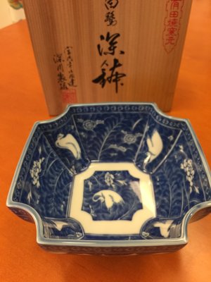 日本製 深川製磁(有田焼) 白鷺圖柄八角缽（中）（桐木盒裝）