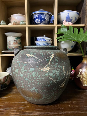 日本回流 信樂燒雙耳雕刻花紋窯變手作陶花瓶 花入 花生 花道
