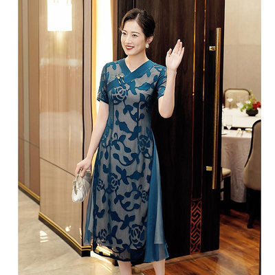 禮服藍色媽媽婚宴旗袍連衣裙平時可穿夏季新中式喜婆婆婚禮喜服高級感