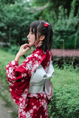 夏季睡衣 情侶睡衣 日本和服浴衣 紅色小櫻花和服全套和服女免熨燙防脫色滌綸材質