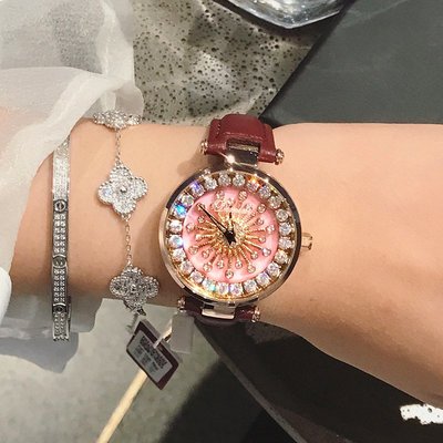 新款手錶女 百搭手錶女蒂米妮手錶時尚轉盤水鉆錶盤皮帶錶石英錶水滴腕錶 一件代發手錶