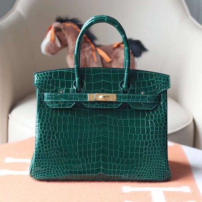 France Window 愛馬仕 Hermes 柏金包 Birkin30 6Q翡翠綠 亮面倒V灣鱷鱷魚皮 金扣