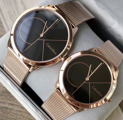 CALVIN KLEIN Minimal 黑色錶盤 玫瑰金色米蘭編織不鏽鋼錶帶 石英 情侶對錶 CK男女對錶 K3M21621/K3M22621