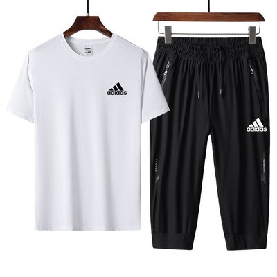 現貨熱銷-新款Adidas愛迪達 三葉草夏季新款情侶短袖套裝 多色可選 男女同款 短袖T恤+七分褲套裝