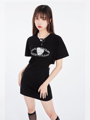 PURPURA原創設計辣妹風金屬愛心印花露腰連衣裙2022夏季新款T恤