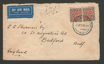 出國休假中【雲品八】紐西蘭New Zealand 1938 cover to England tied 2 SG 587 9d stamps 庫號