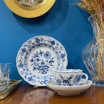 【二手】梅森Meissen藍洋蔥咖啡杯碟盤三件套 古董 老貨 收藏 【錦繡古玩】-485