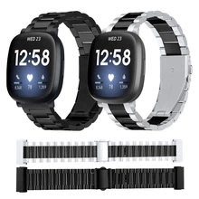 森尼3C-於fitbit versa 3/4 sense通用手錶帶 金屬不鏽鋼三珠鋼帶  時尚男女替換腕帶 防水運動手錶帶-品質保證
