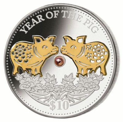 【海寧潮現貨】斐濟2023生肖系列豬年鑲嵌天然珍珠鍍金銀幣