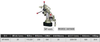 YL 方型磁性鑽孔機 磁性穴鑽 圓穴鋸 鑽台 電鑽座 磁性鑽座系列 MT-600S
