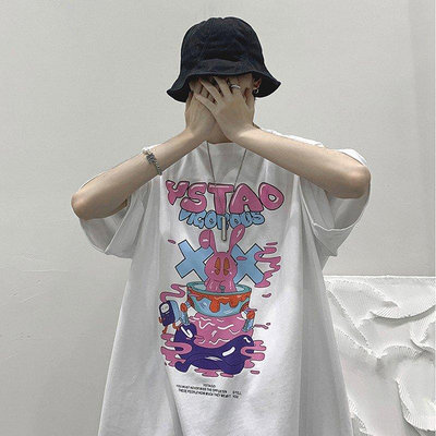 【現貨】M-2XL 卡通塗鴉短袖T恤男夏季潮牌韓版風寬鬆五分袖半袖男士