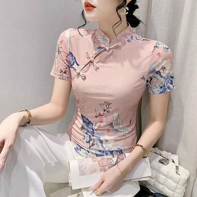 📣📣主流女裝✔️M-3XL👗復古風短袖t桖👗新中式盤扣立領洋氣小衫印花短袖T恤女2024夏季新款修身網紗上衣 女士短袖