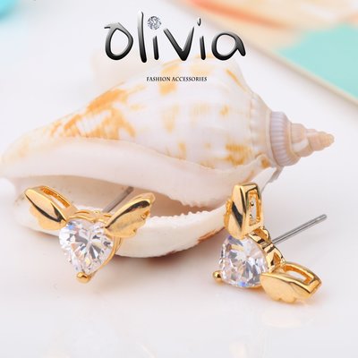 Olivia Fashion 耳針耳環 天使小翅膀鑲嵌心型精選方晶鋯石厚鍍14K真金耳針耳環【N01921】