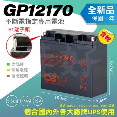 佳好電池 全新 CSB GP12170 12V17AH 適用APC SMC-1500、SMT-1500、SUA-1500