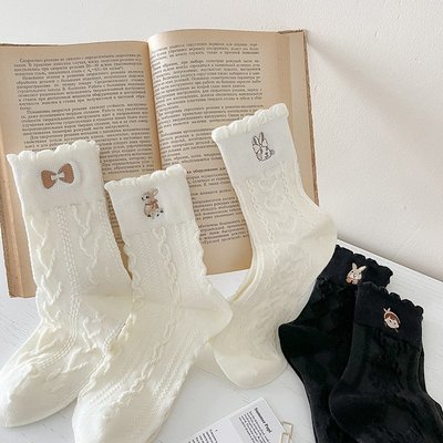 襪子系列 小黑和小白和解啦~蝴蝶結純色襪子女刺繡甜系jk棉襪