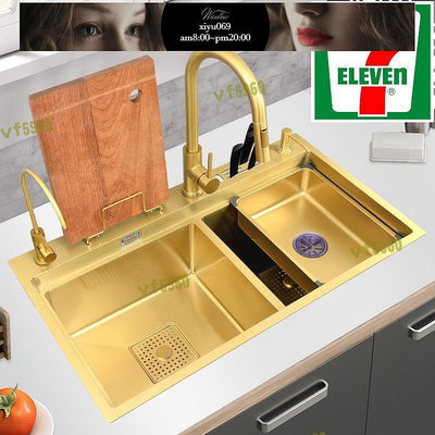 【現貨】金色304不鏽鋼水槽雙槽大尺寸洗菜盆廚房家用洗碗池手工槽臺下盆