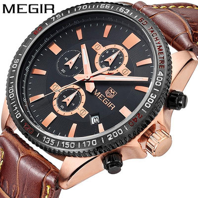 手錶男 美格爾（MEGIR）男錶三眼計時防水夜光運動腕錶手錶3001G