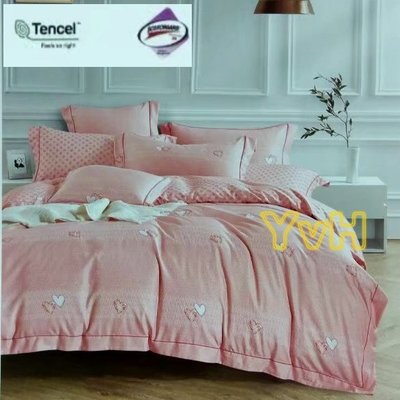 =YvH=雙人鋪棉床罩6件組 台灣製 Tencel 萊麗絲天絲 壓框枕套 兩用被雙面印花 全花百褶床裙 粉紅愛心