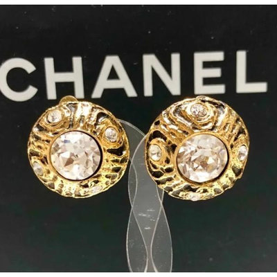 Chanel vintage香奈兒復古水鑽水晶金色鏤空圓形古董夾式耳環